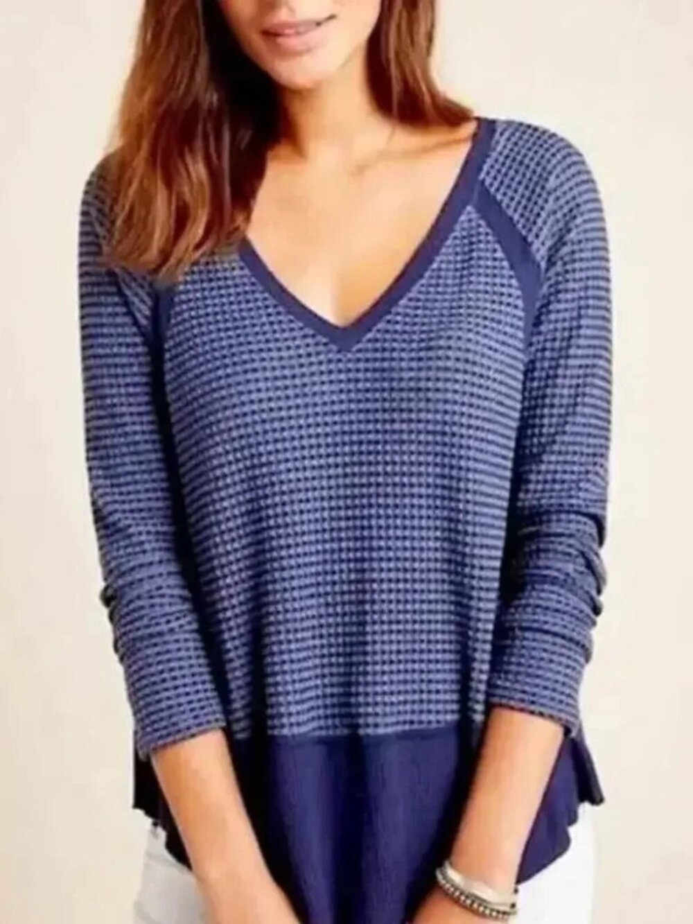 ANTHROPOLOGIE Eri + Ali Blue Waffle Knit Thermal LS V-Neck Tunic Top Size S